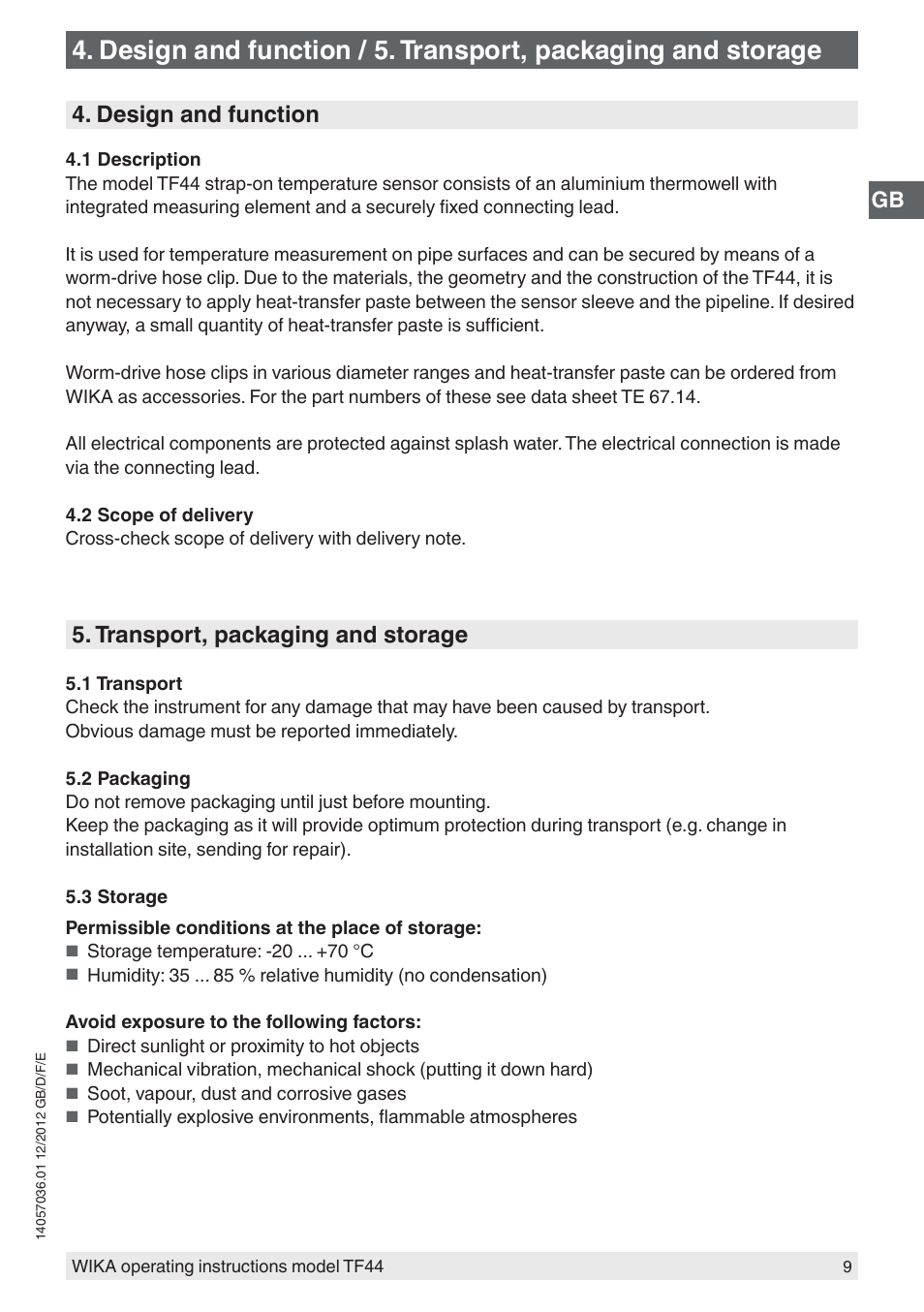 Design and function, Transport, packaging and storage | WIKA TF44 User Manual | Page 9 / 44