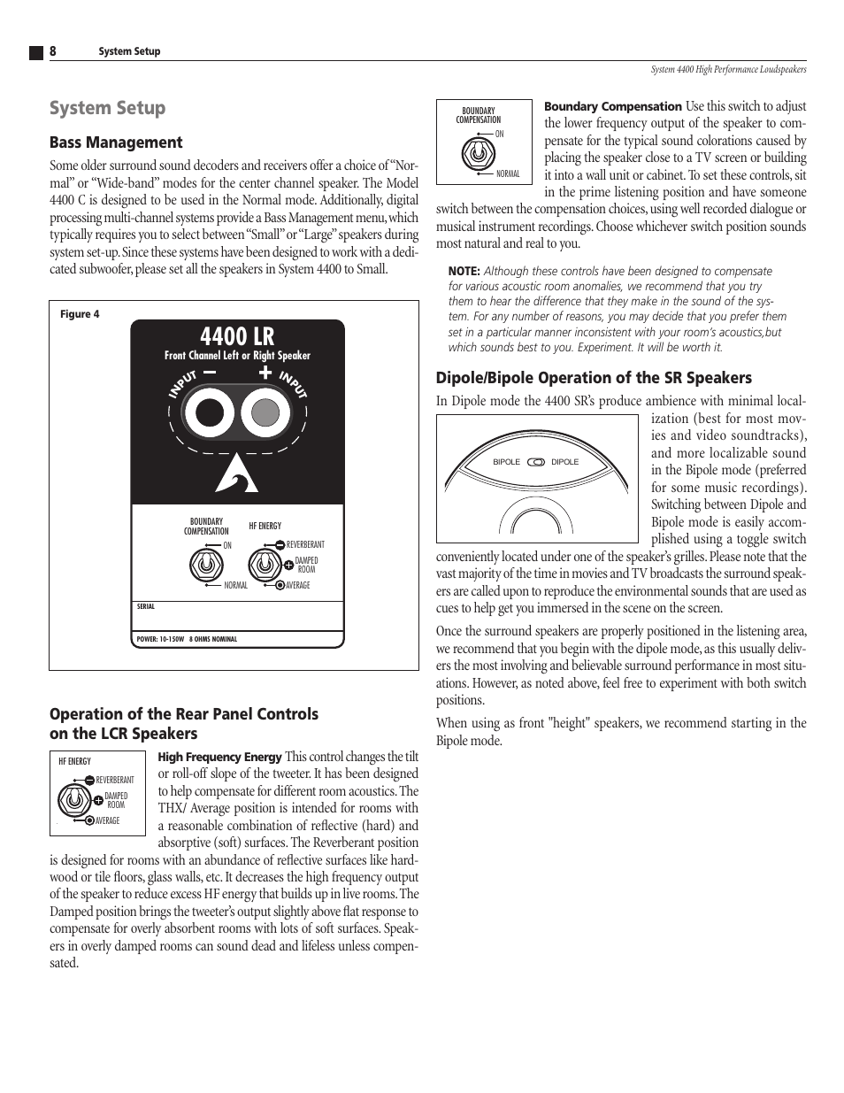 4400 lr, System setup, Dipole/bipole operation of the sr speakers | Bass management | Atlantic Technology 4400 SR User Manual | Page 8 / 12