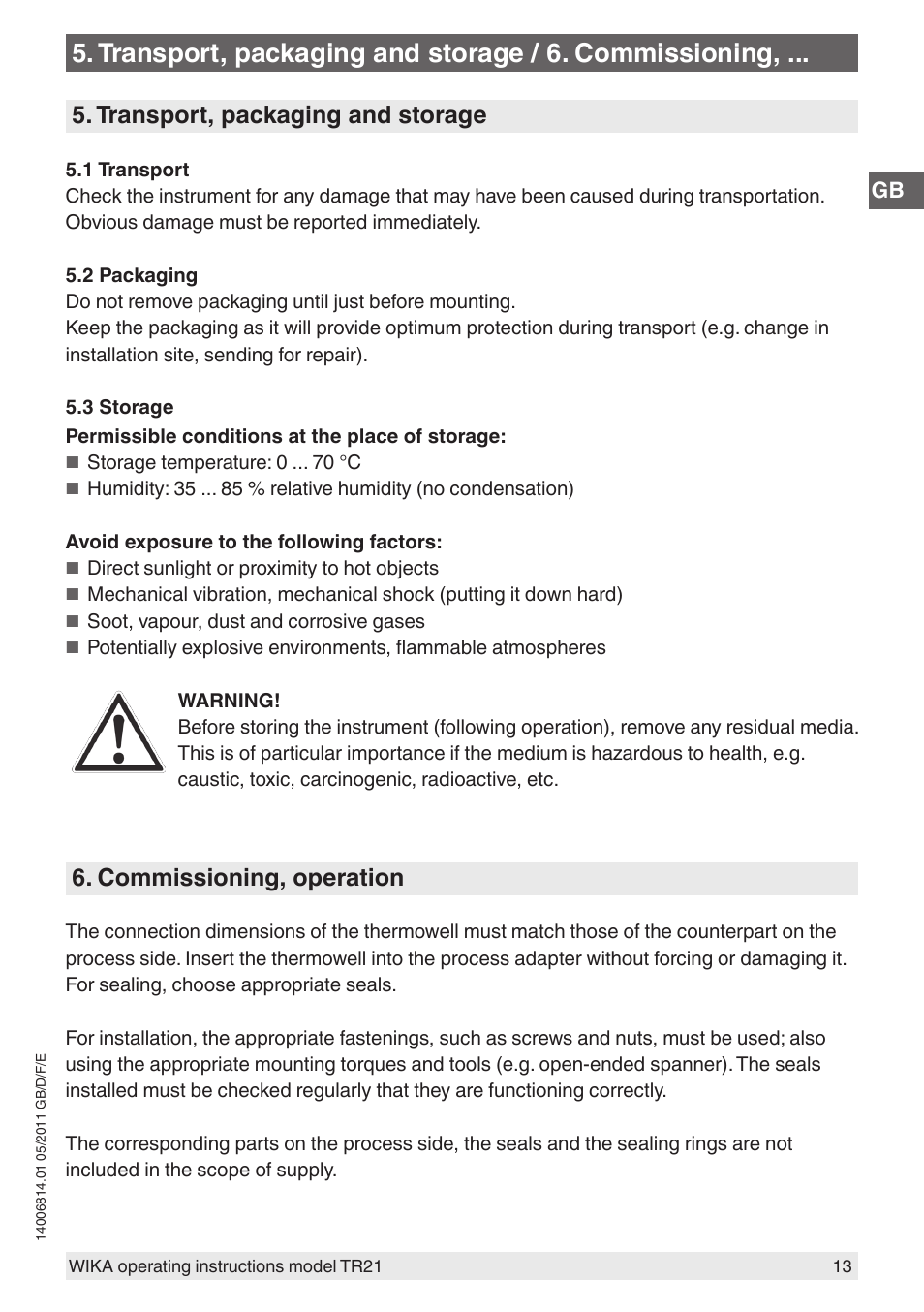 Transport, packaging and storage, Commissioning, operation | WIKA TR21-C User Manual | Page 13 / 76