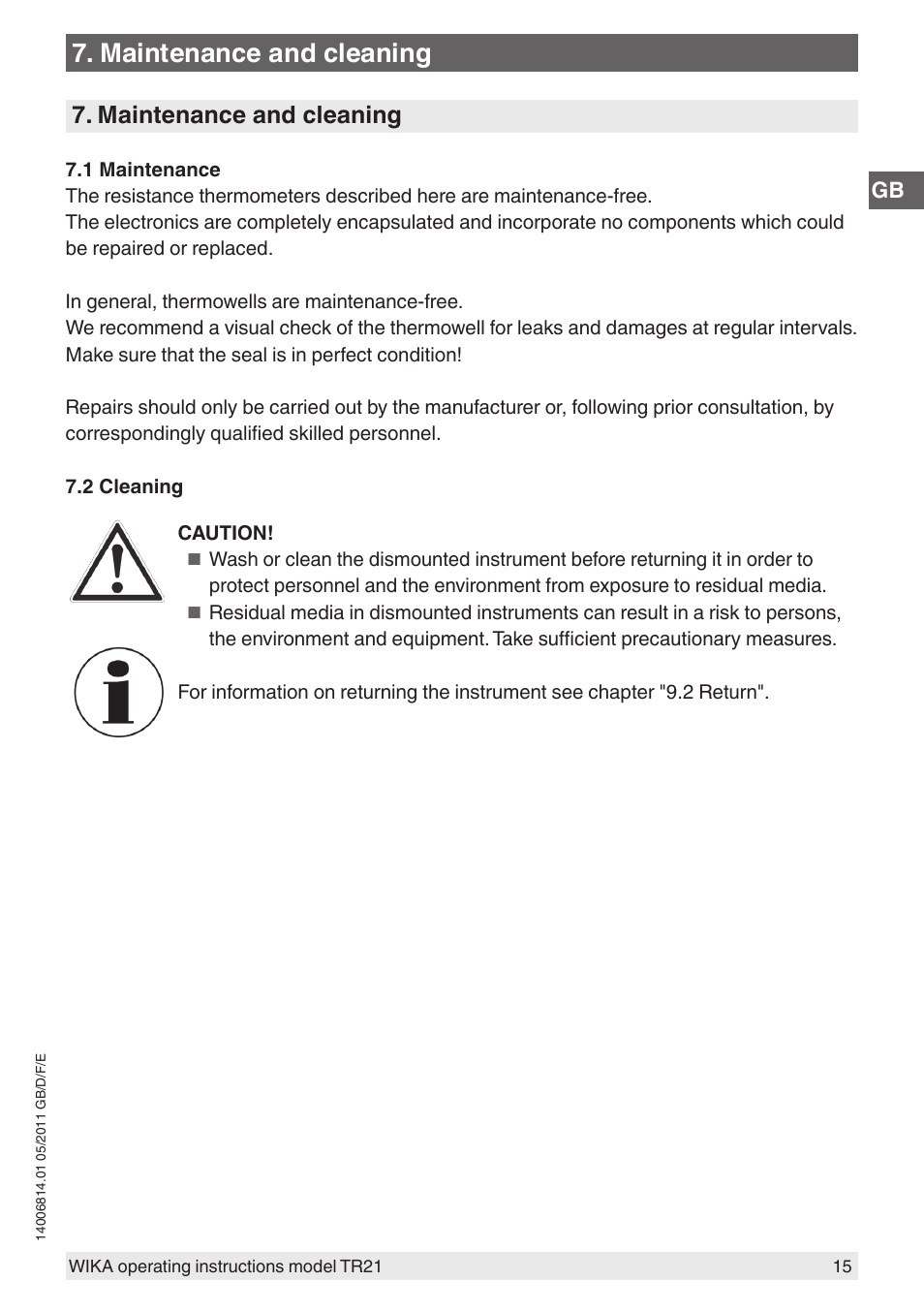 Maintenance and cleaning | WIKA TR21-C User Manual | Page 15 / 76