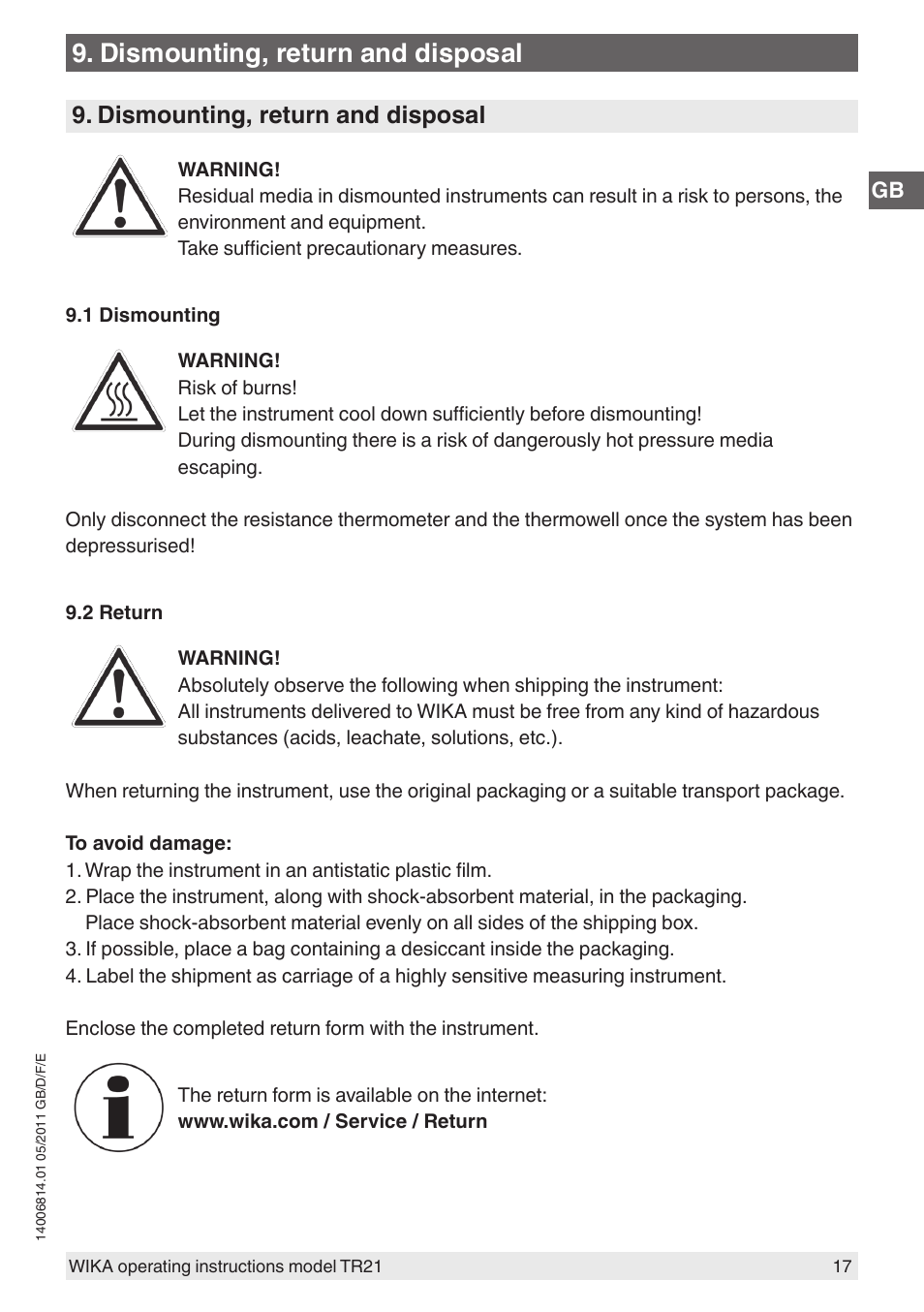 Dismounting, return and disposal | WIKA TR21-C User Manual | Page 17 / 76