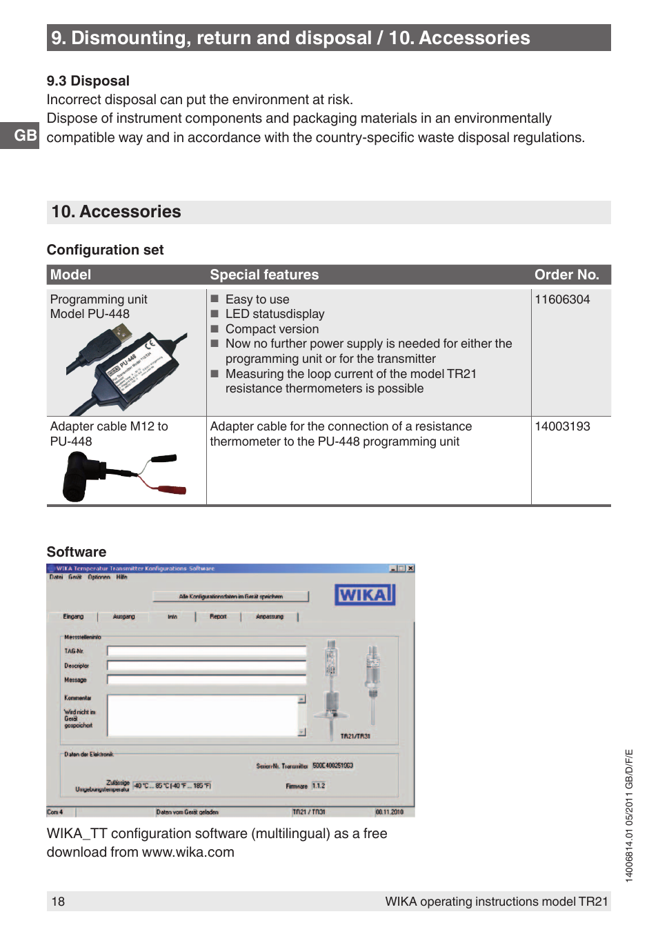 Dismounting, return and disposal / 10. accessories, Accessories | WIKA TR21-C User Manual | Page 18 / 76