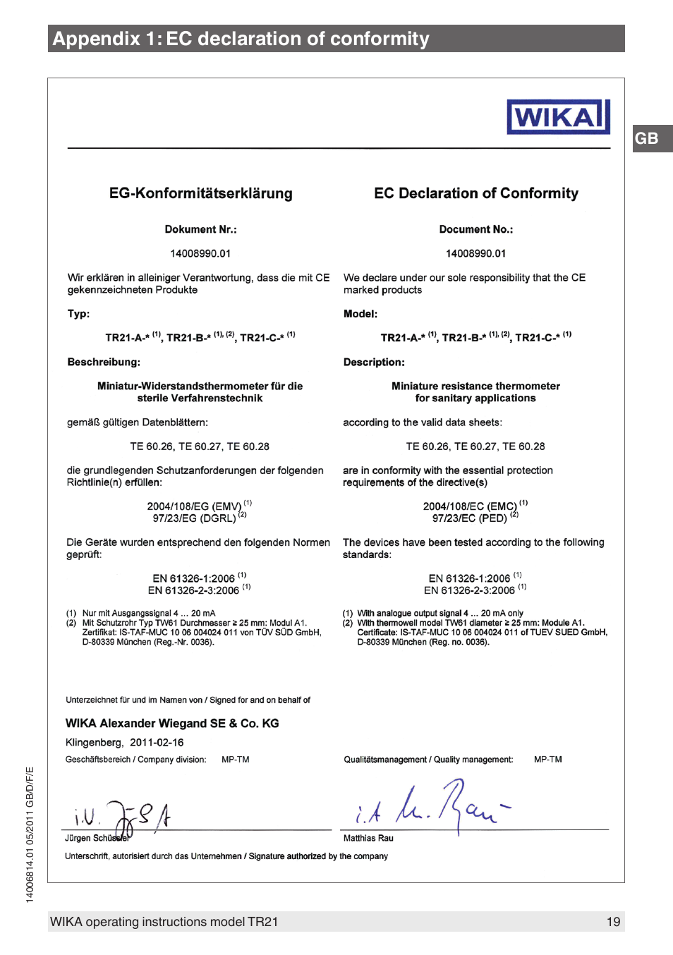 Appendix 1: ec declaration of conformity | WIKA TR21-C User Manual | Page 19 / 76