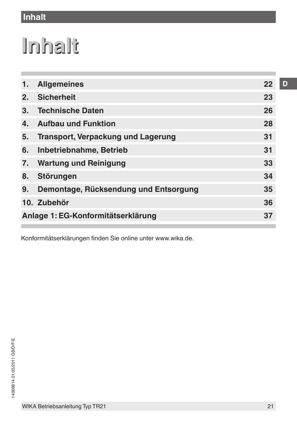 Inhalt | WIKA TR21-C User Manual | Page 21 / 76