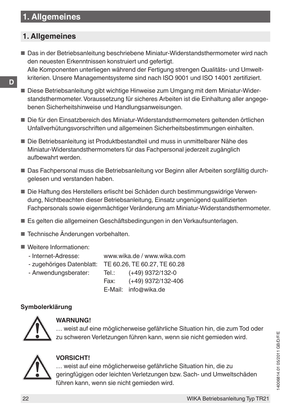 Allgemeines | WIKA TR21-C User Manual | Page 22 / 76