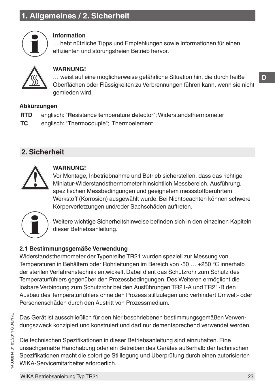 Allgemeines / 2. sicherheit, Sicherheit | WIKA TR21-C User Manual | Page 23 / 76