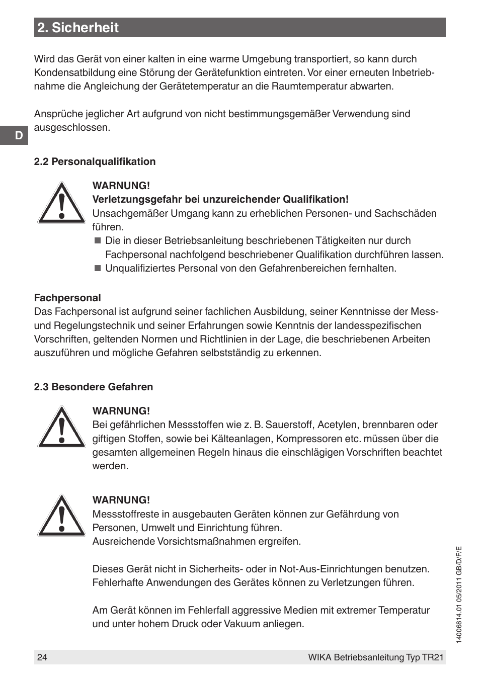 Sicherheit | WIKA TR21-C User Manual | Page 24 / 76