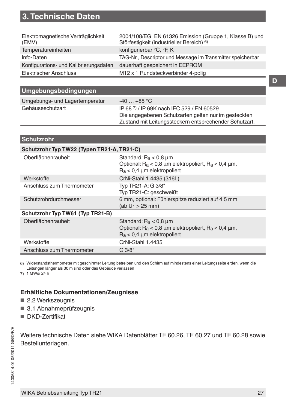 Technische daten | WIKA TR21-C User Manual | Page 27 / 76