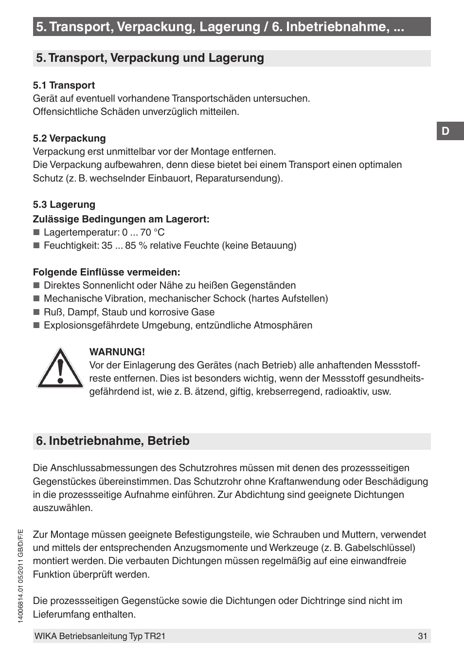 Transport, verpackung und lagerung, Inbetriebnahme, betrieb | WIKA TR21-C User Manual | Page 31 / 76