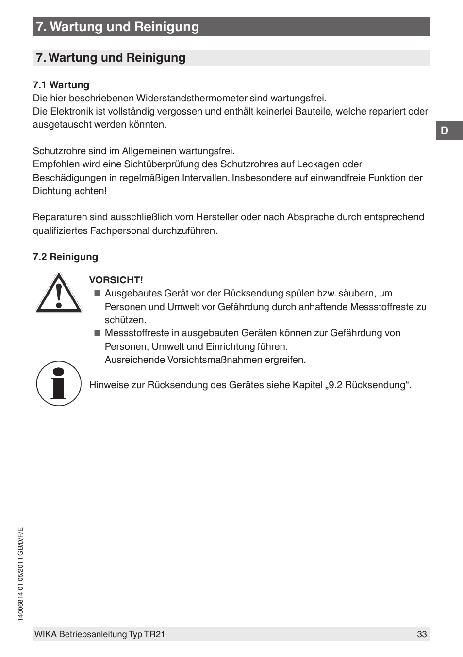 Wartung und reinigung | WIKA TR21-C User Manual | Page 33 / 76