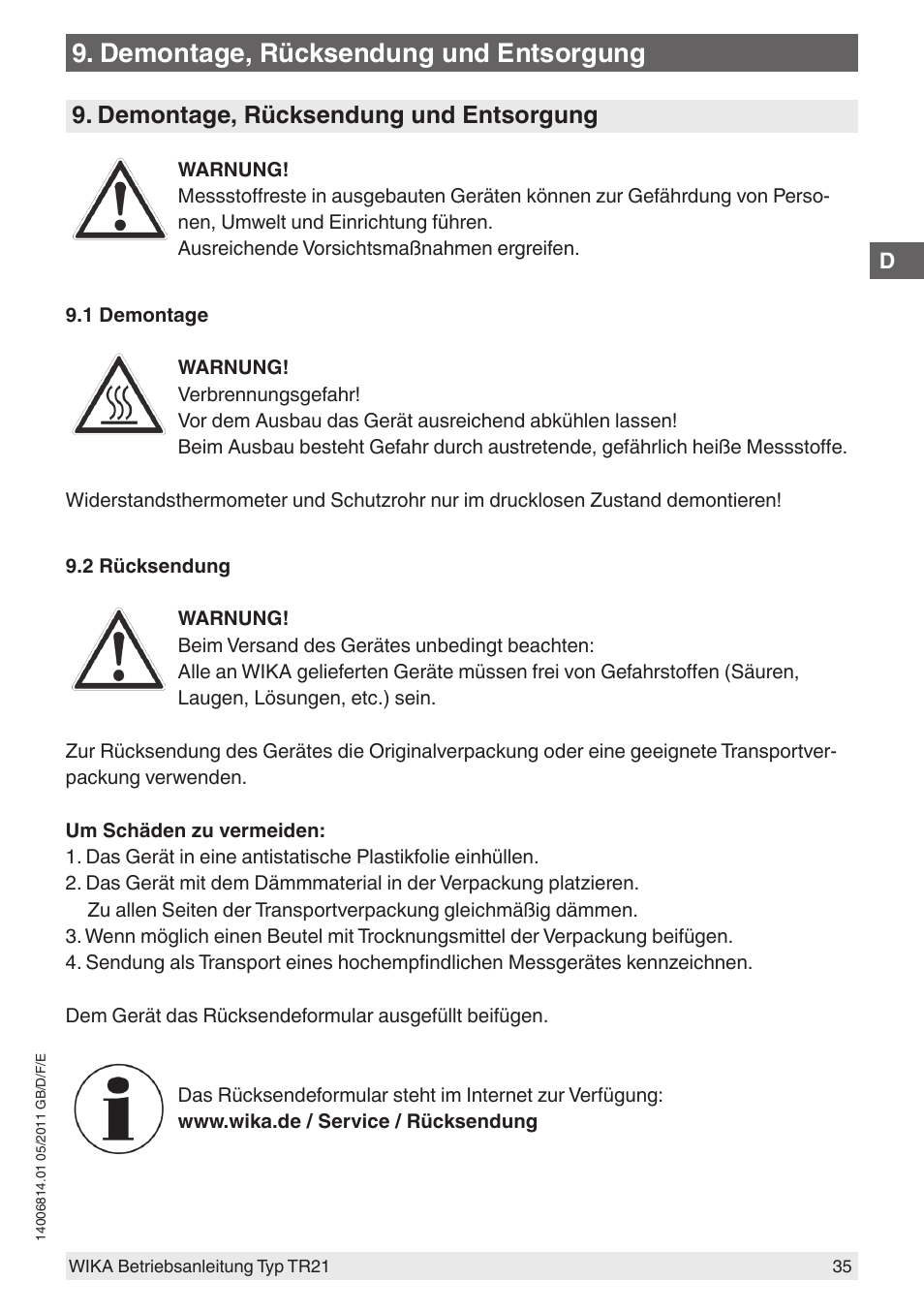 Demontage, rücksendung und entsorgung | WIKA TR21-C User Manual | Page 35 / 76