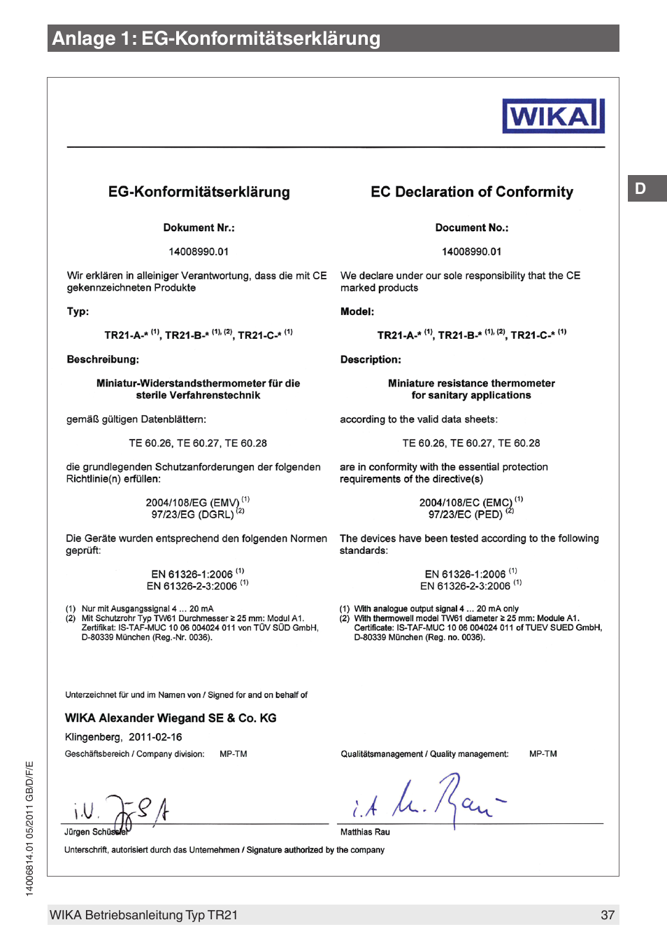 Anlage 1: eg-konformitätserklärung | WIKA TR21-C User Manual | Page 37 / 76