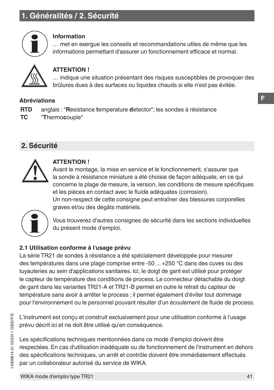 Généralités / 2. sécurité, Sécurité | WIKA TR21-C User Manual | Page 41 / 76