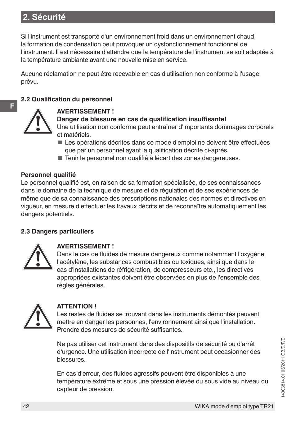 Sécurité | WIKA TR21-C User Manual | Page 42 / 76