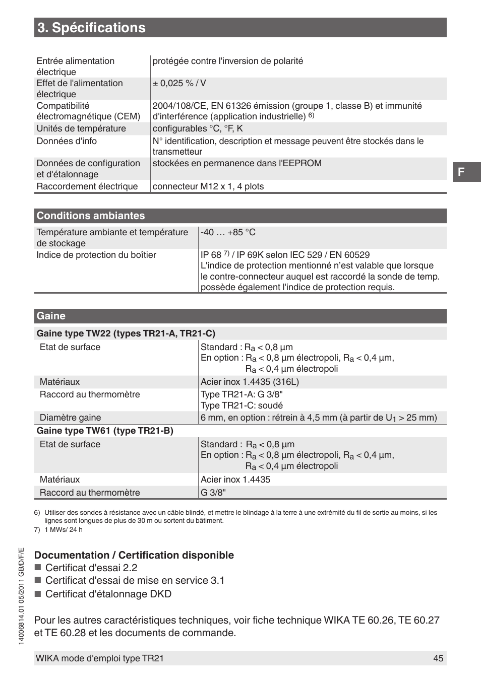 Spécifications | WIKA TR21-C User Manual | Page 45 / 76