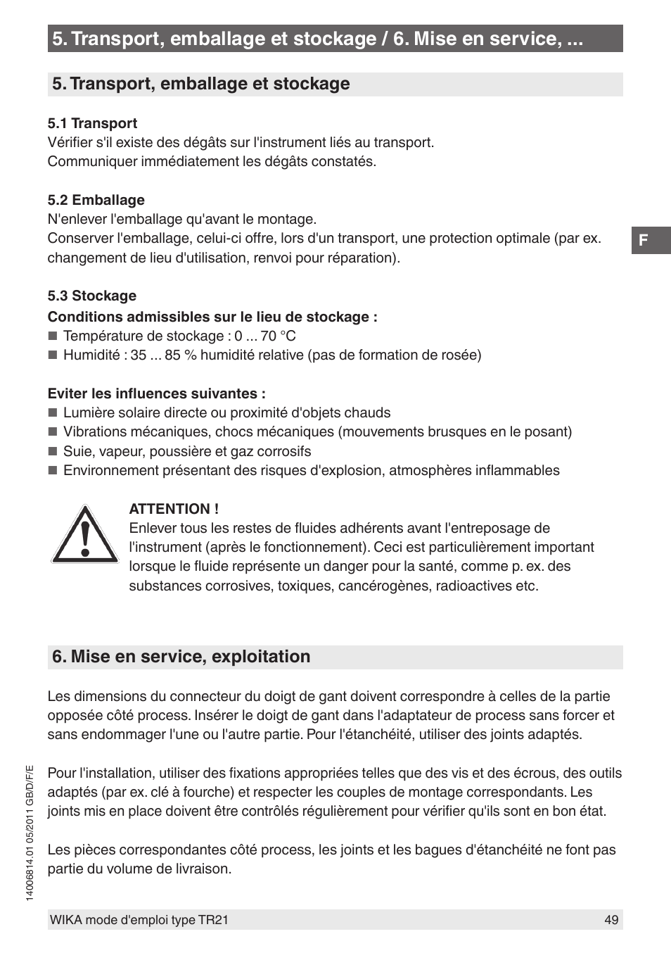 Transport, emballage et stockage, Mise en service, exploitation | WIKA TR21-C User Manual | Page 49 / 76