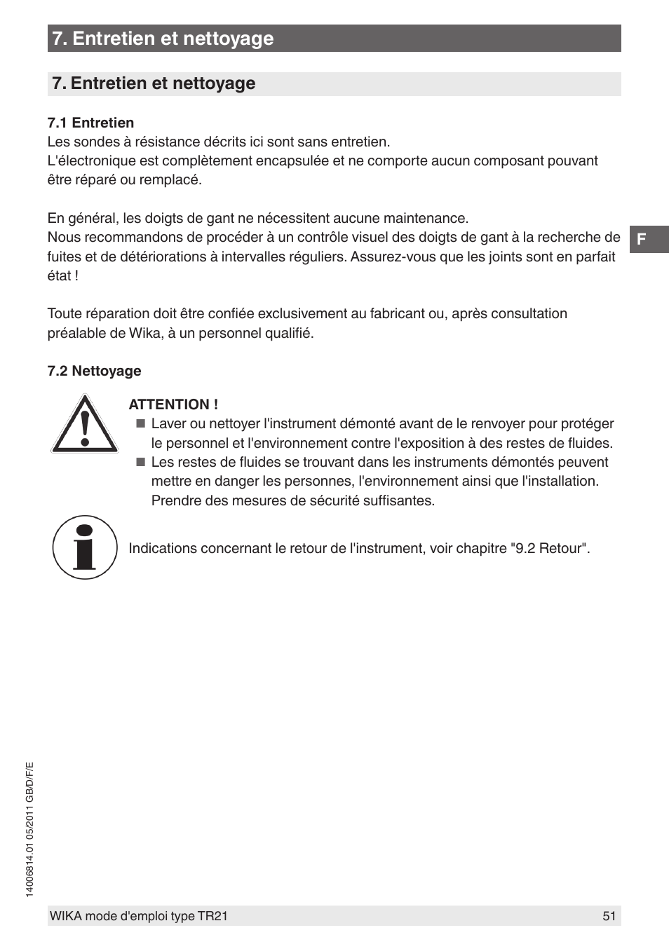 Entretien et nettoyage | WIKA TR21-C User Manual | Page 51 / 76