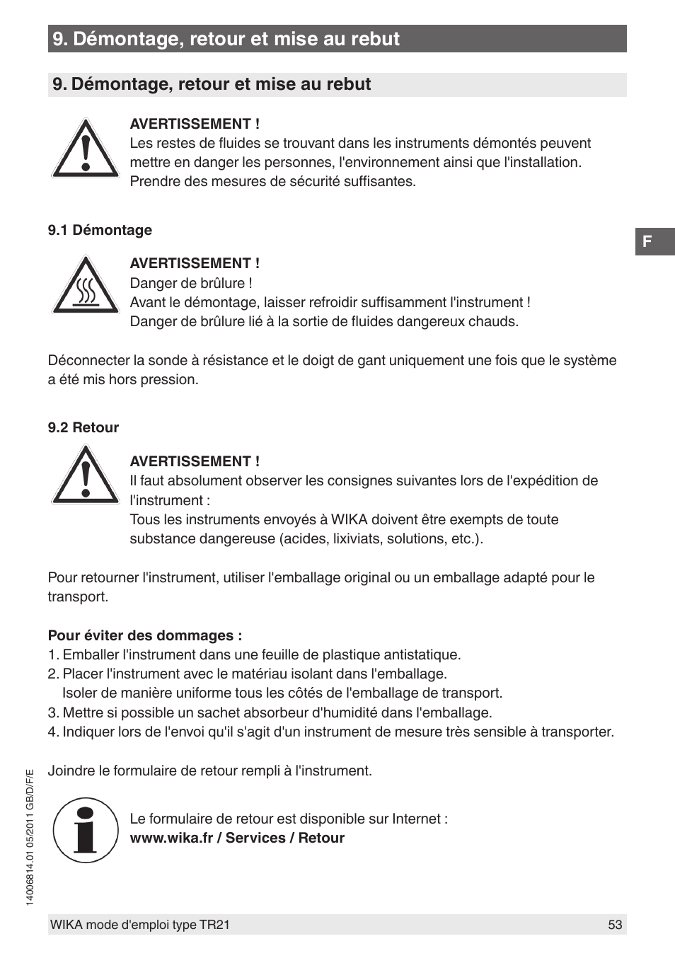 Démontage, retour et mise au rebut | WIKA TR21-C User Manual | Page 53 / 76