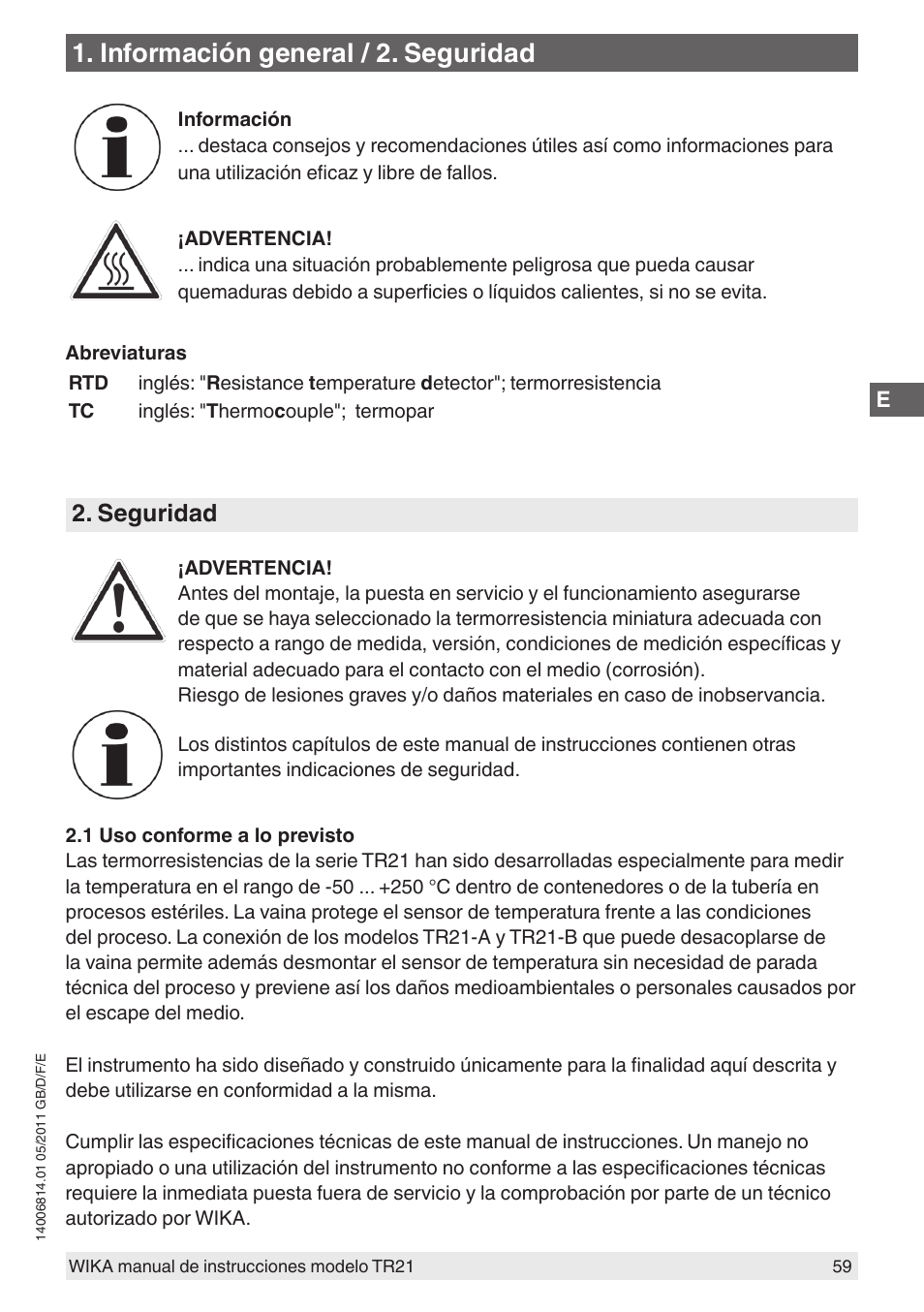 Información general / 2. seguridad, Seguridad | WIKA TR21-C User Manual | Page 59 / 76