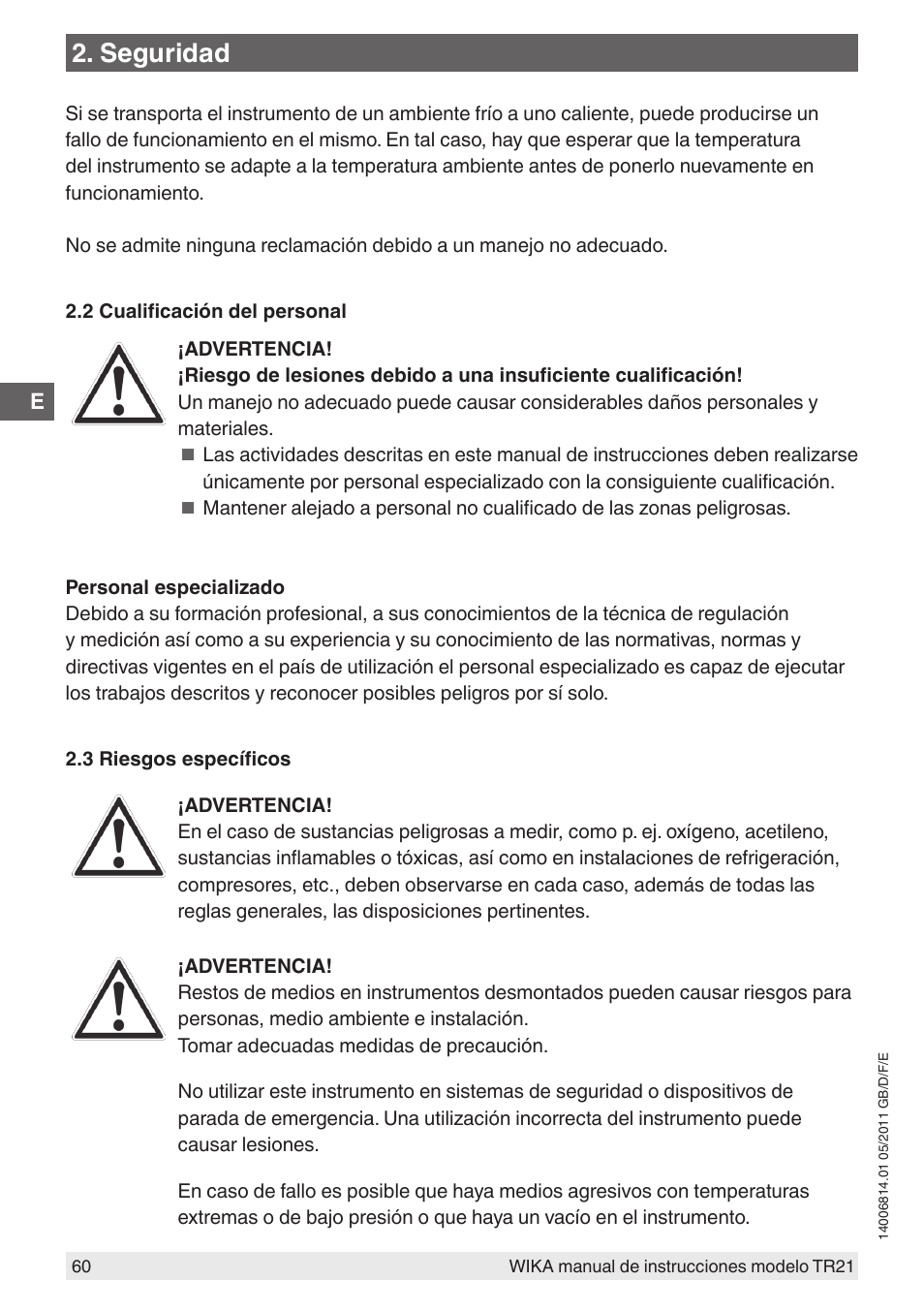 Seguridad | WIKA TR21-C User Manual | Page 60 / 76