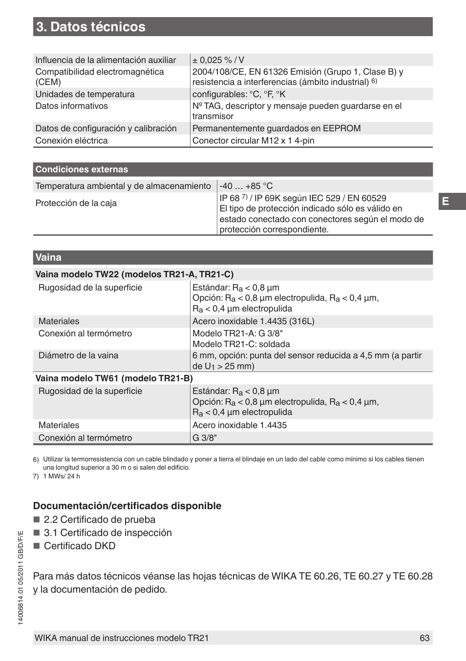 Datos técnicos | WIKA TR21-C User Manual | Page 63 / 76