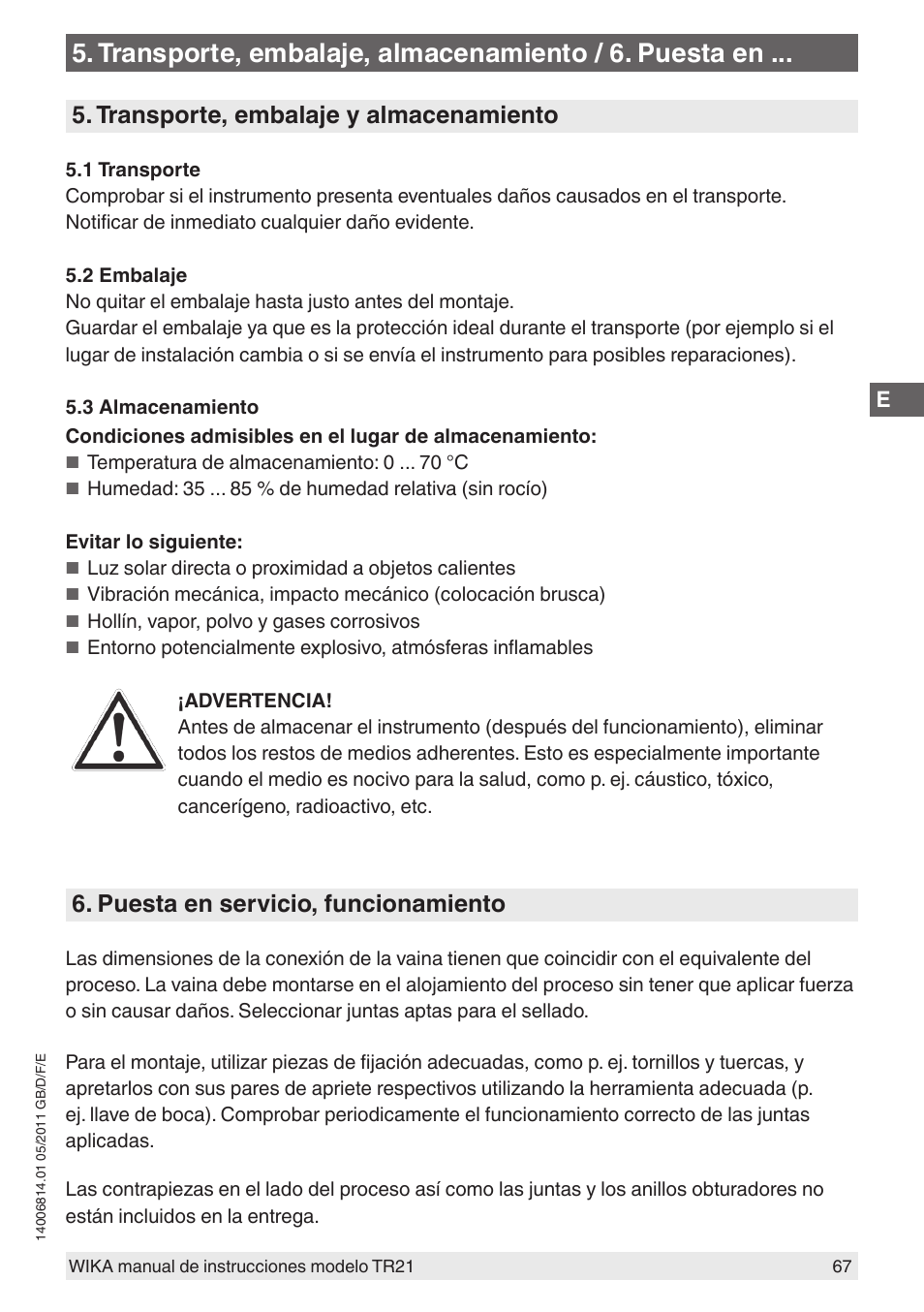 Transporte, embalaje y almacenamiento, Puesta en servicio, funcionamiento | WIKA TR21-C User Manual | Page 67 / 76