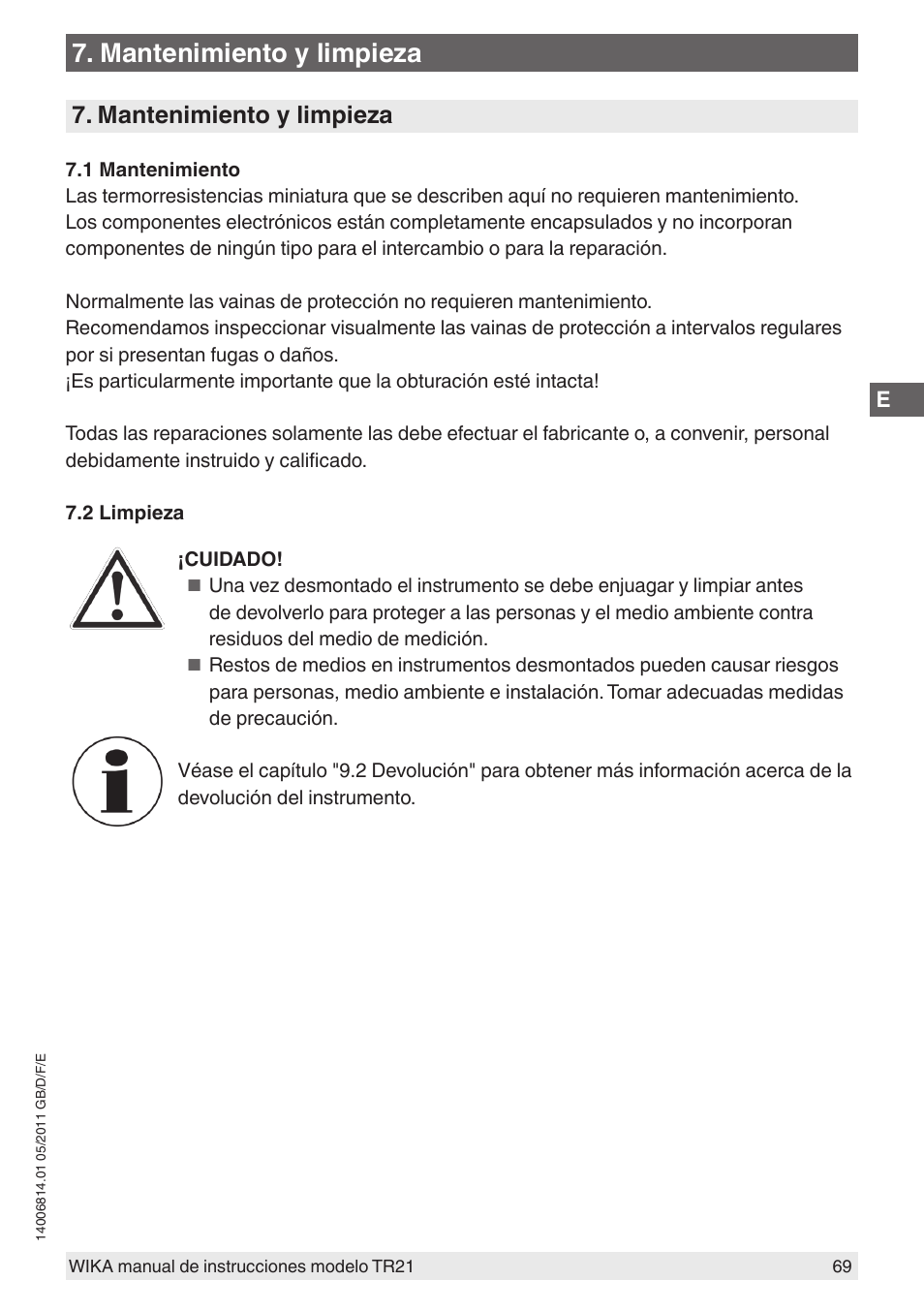 Mantenimiento y limpieza | WIKA TR21-C User Manual | Page 69 / 76