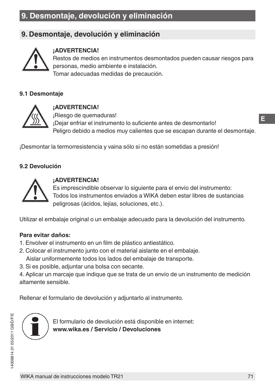 Desmontaje, devolución y eliminación | WIKA TR21-C User Manual | Page 71 / 76