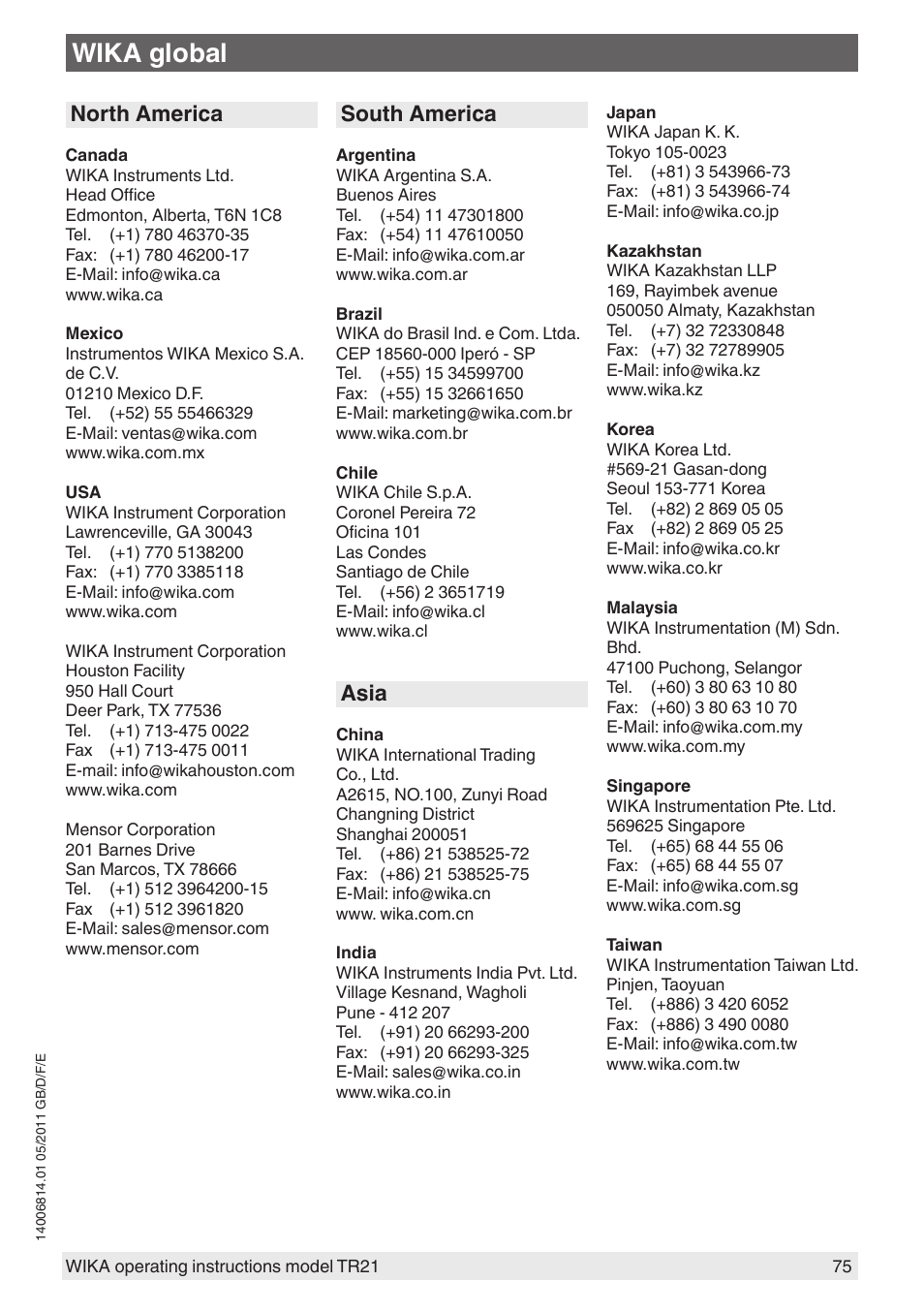 Wika global, North america, South america | Asia | WIKA TR21-C User Manual | Page 75 / 76