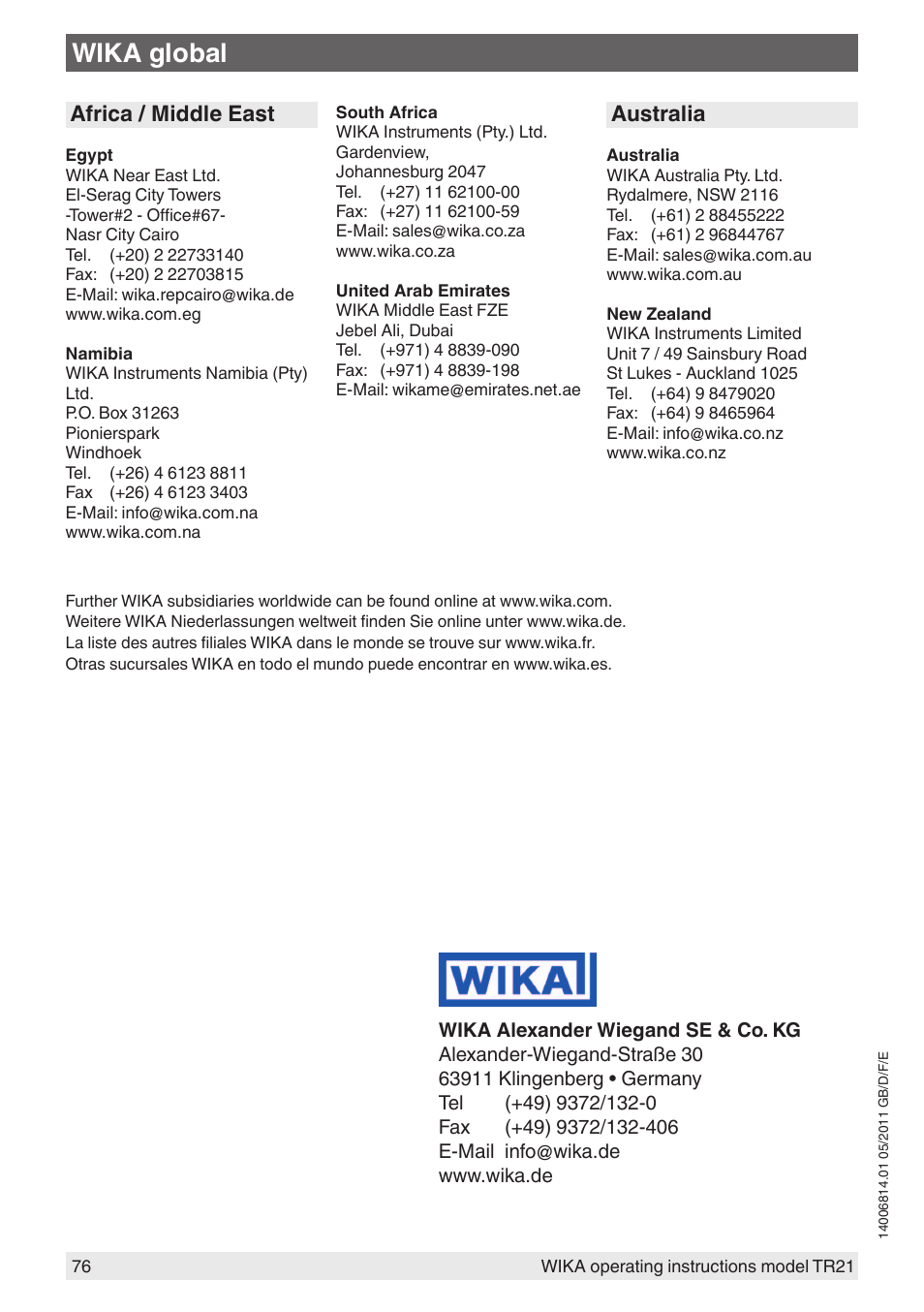 Wika global, Africa / middle east, Australia | WIKA TR21-C User Manual | Page 76 / 76