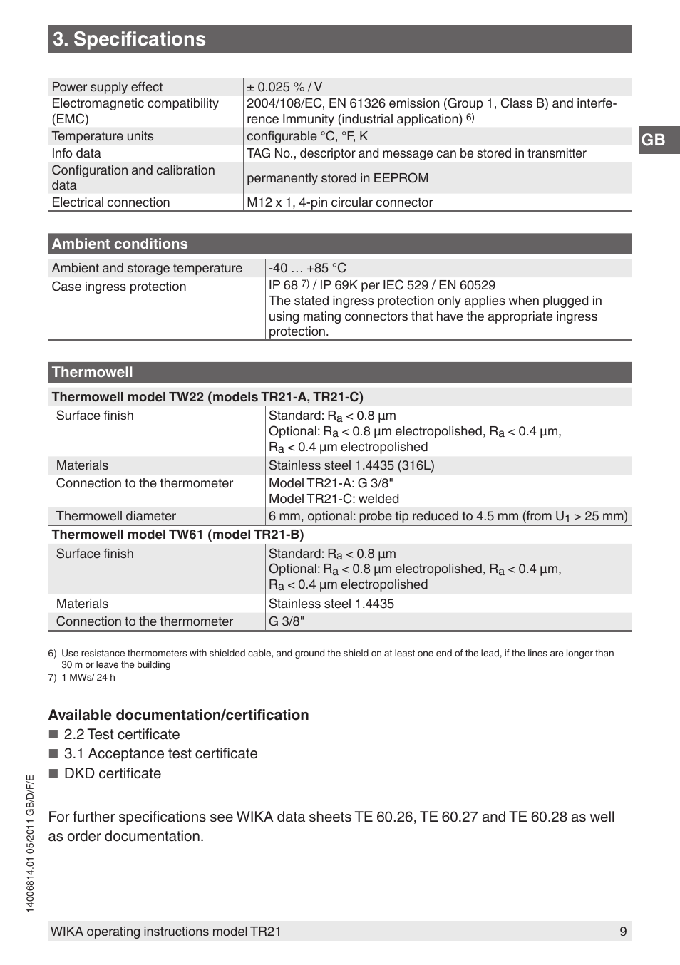 Specifications | WIKA TR21-C User Manual | Page 9 / 76