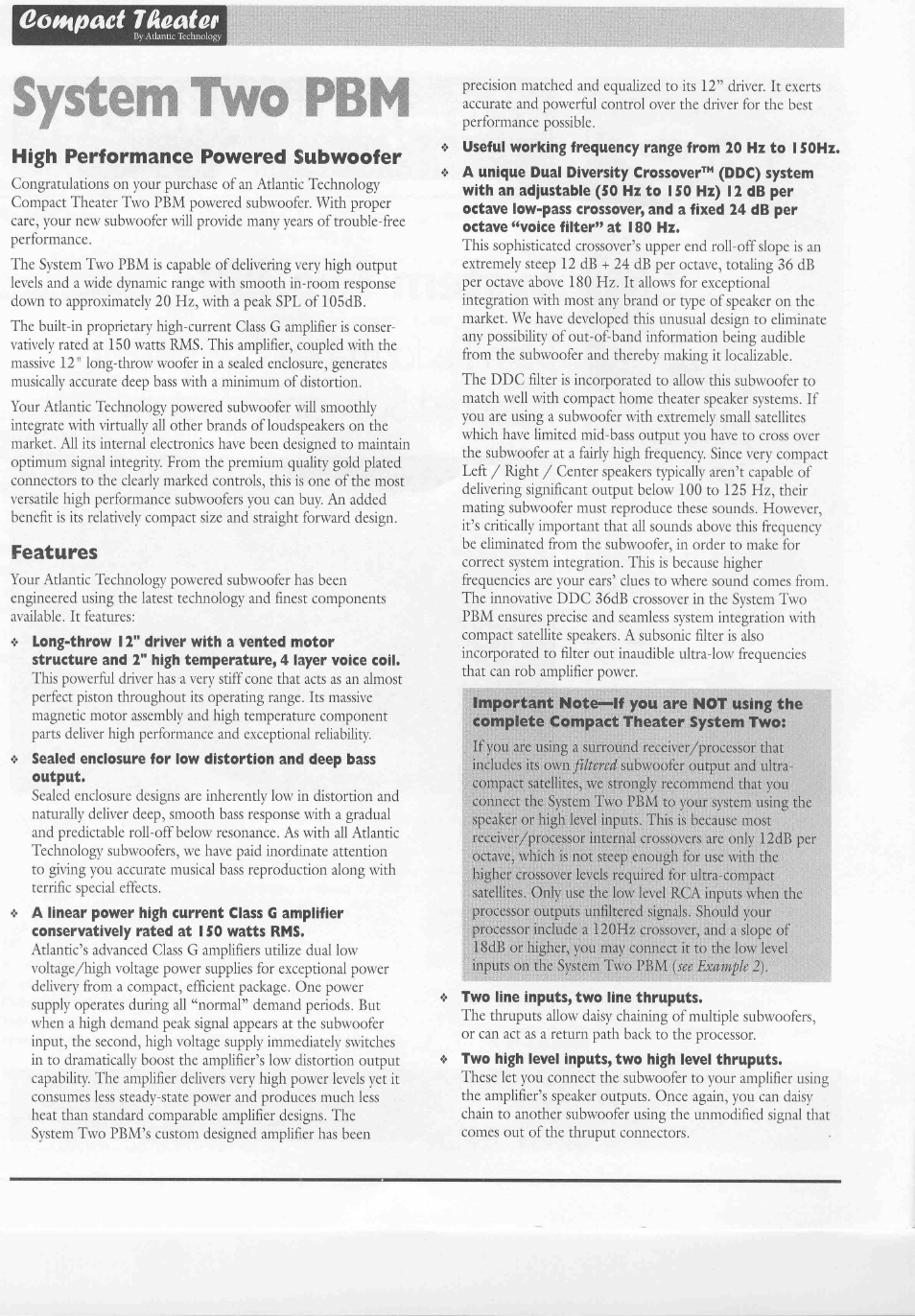 System two pbm, High performance powered subwoofer, Features | Cothpaci v^eaiaf | Atlantic Technology CTS 2 PBM User Manual | Page 2 / 6