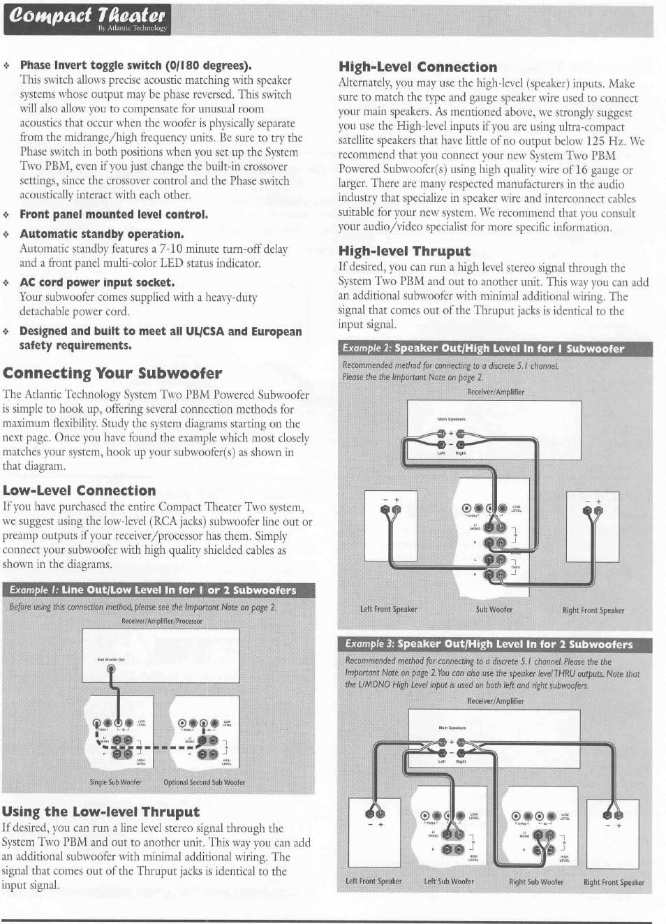 Connecting your subwoofer, Low-level connection, Using the low-level thruput | High-level connection, High-level thruput, Compact likaatcr | Atlantic Technology CTS 2 PBM User Manual | Page 3 / 6