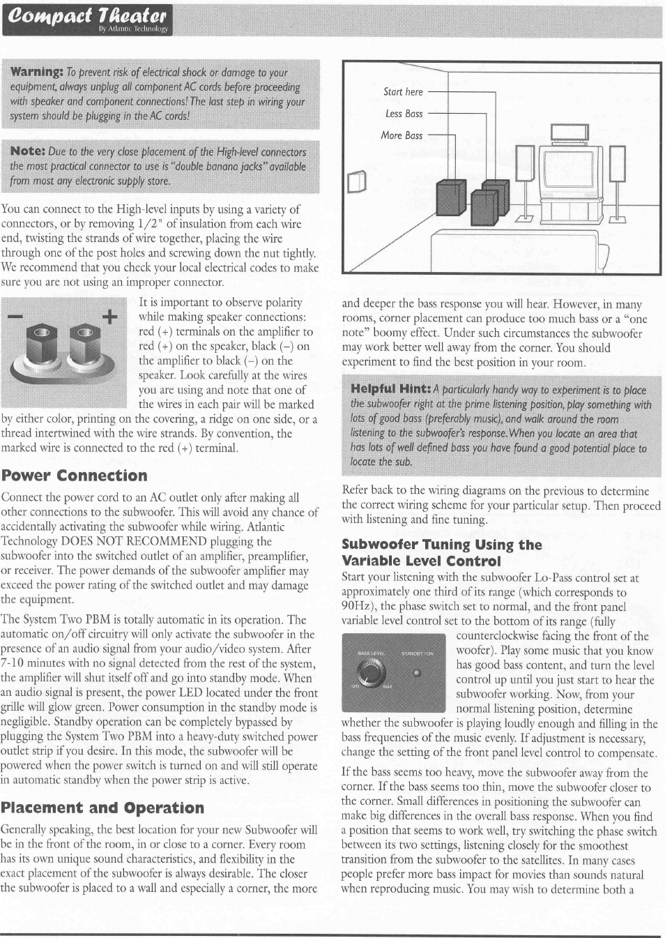 Power connection, Placement and operation, Subwoofer tuning using the variable level control | Cothpaict ifkaaieti | Atlantic Technology CTS 2 PBM User Manual | Page 4 / 6