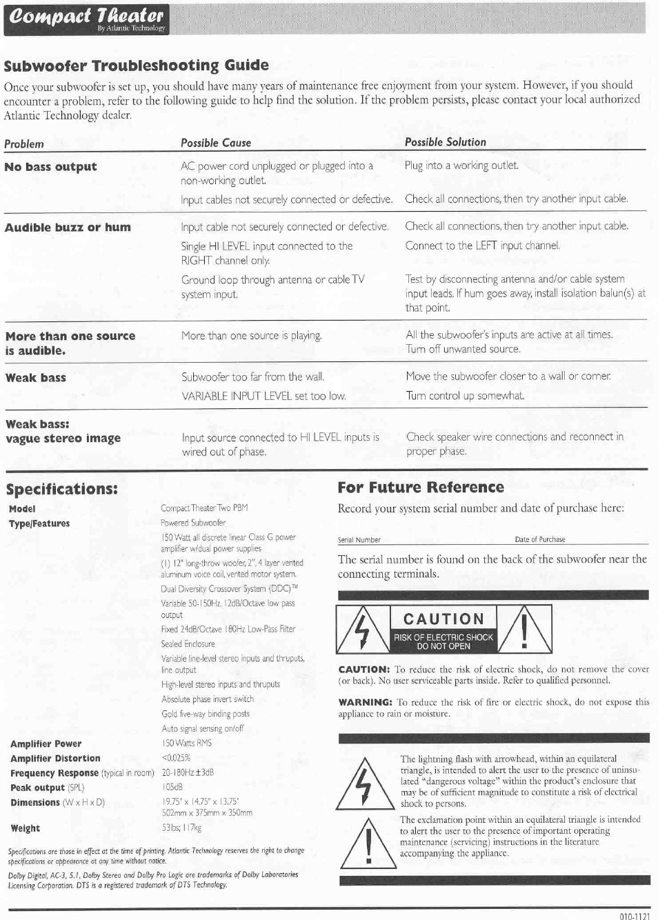 Subwoofer troubleshooting guide, Specifications, For future reference | Caution, Qompcict jdaater | Atlantic Technology CTS 2 PBM User Manual | Page 6 / 6