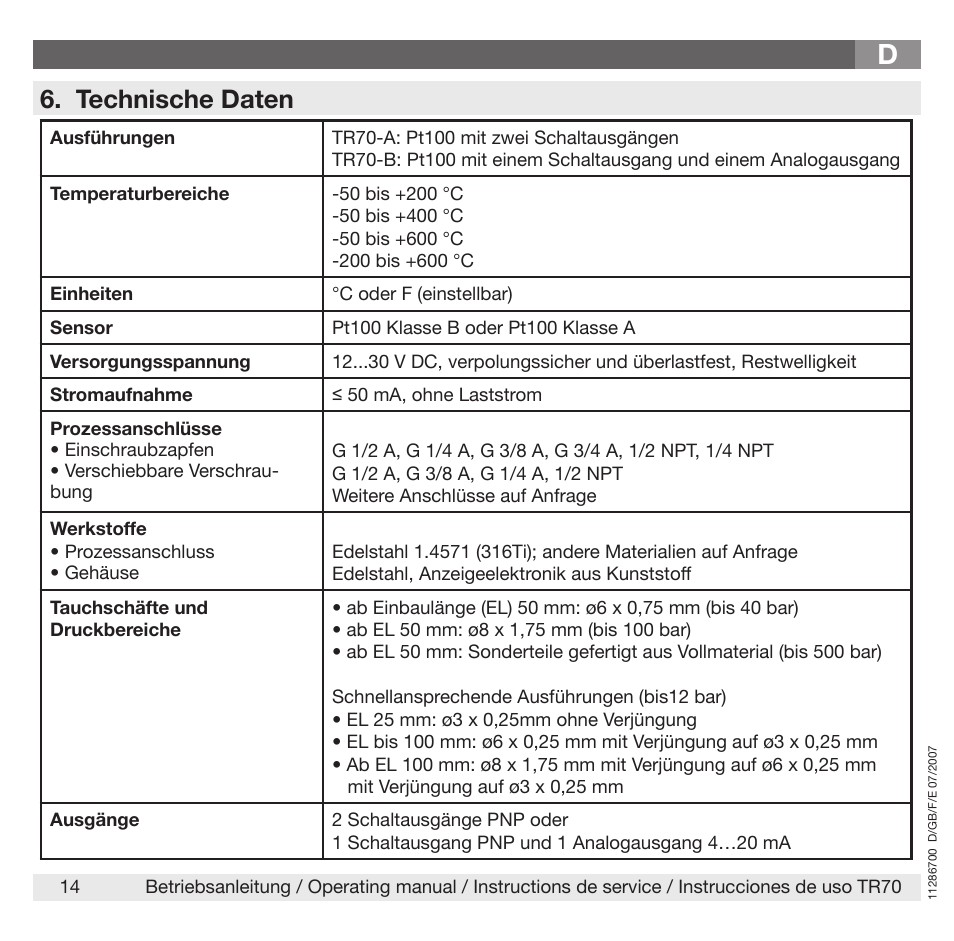 Technische daten | WIKA TR70 User Manual | Page 14 / 68