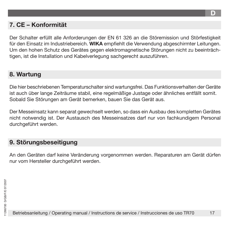 Ce – konformität, Wartung, Störungsbeseitigung | WIKA TR70 User Manual | Page 17 / 68