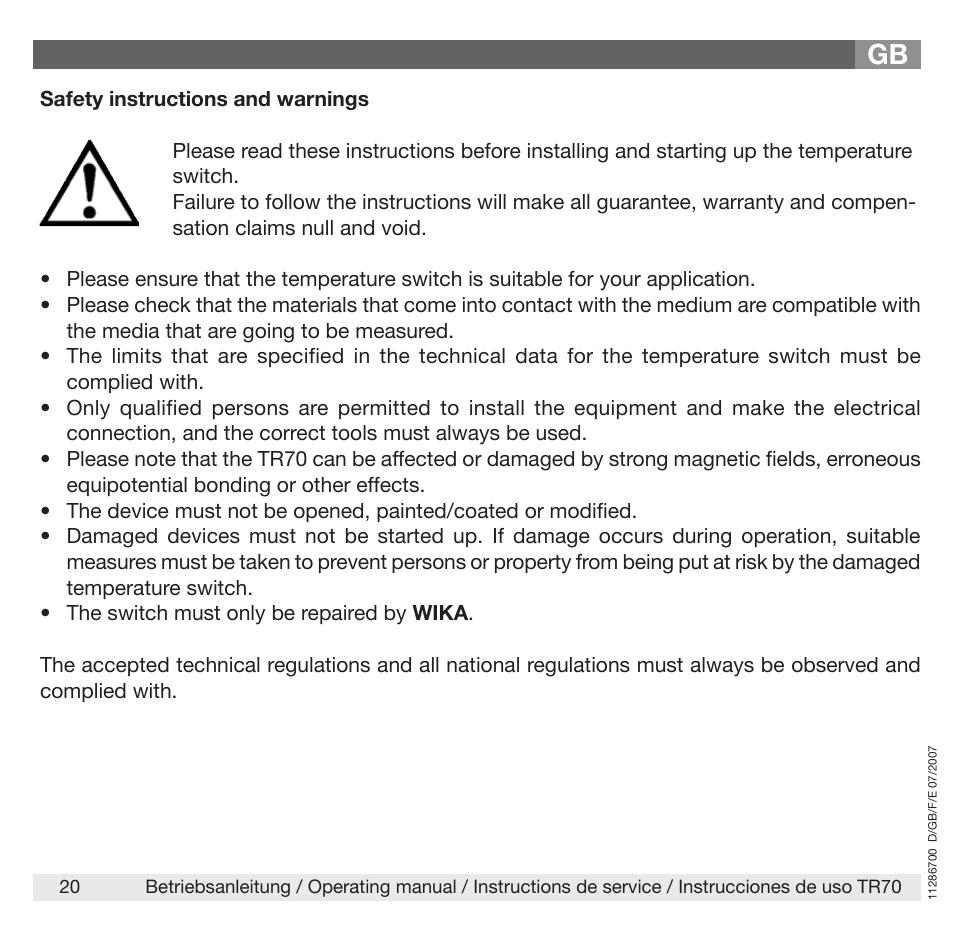 WIKA TR70 User Manual | Page 20 / 68