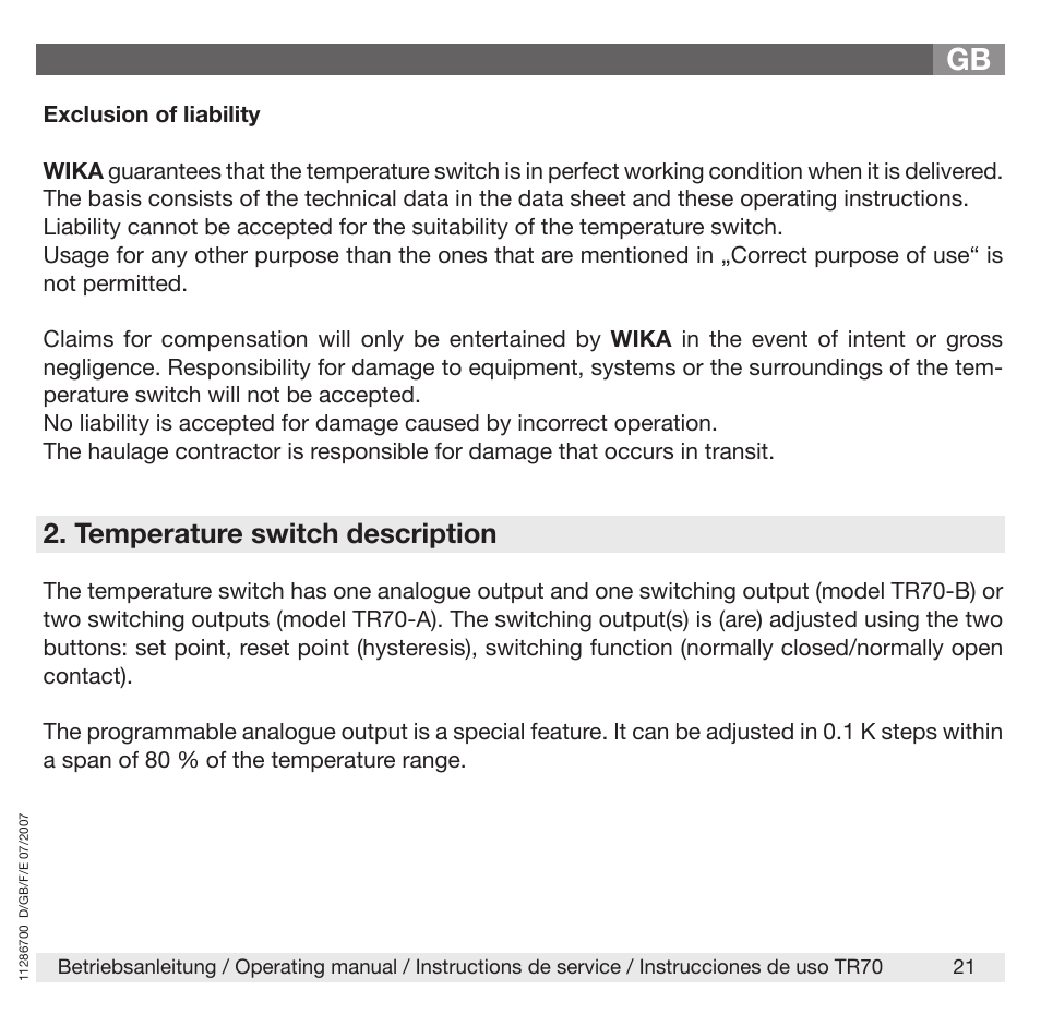 Temperature switch description | WIKA TR70 User Manual | Page 21 / 68