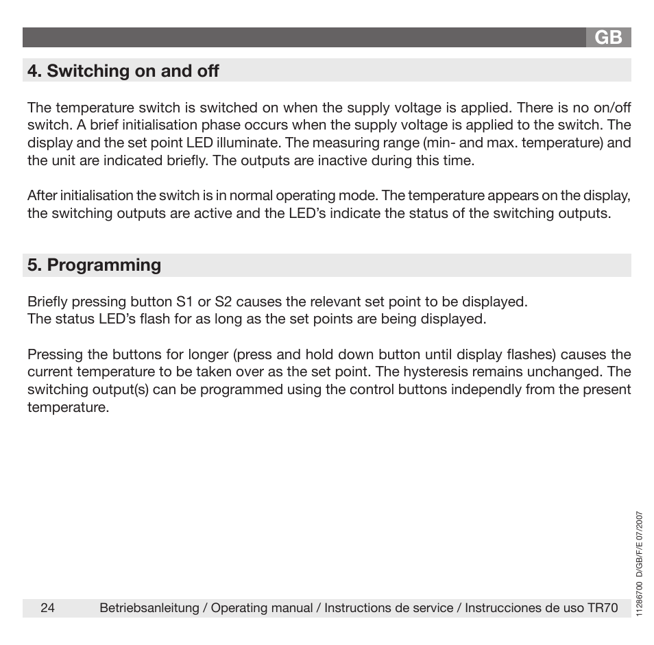 Switching on and off, Programming | WIKA TR70 User Manual | Page 24 / 68