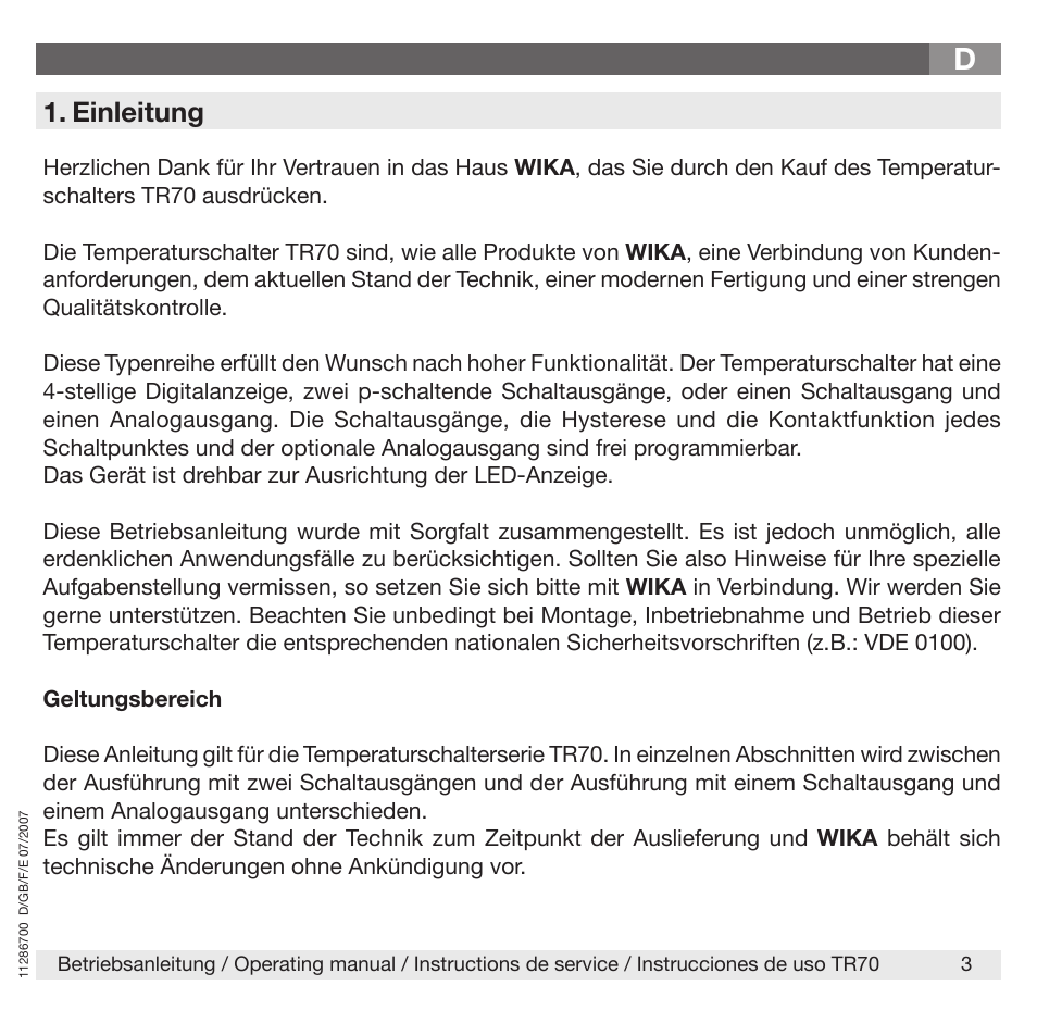 Einleitung | WIKA TR70 User Manual | Page 3 / 68
