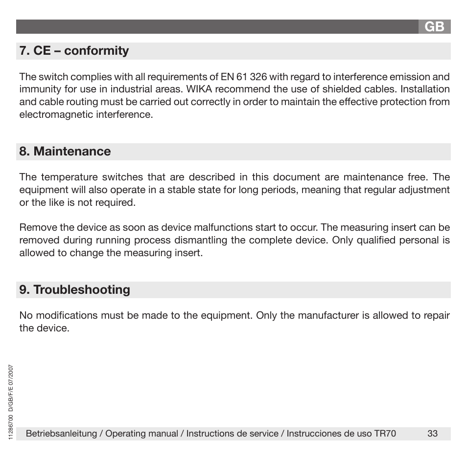 Ce – conformity, Maintenance, Troubleshooting | WIKA TR70 User Manual | Page 33 / 68