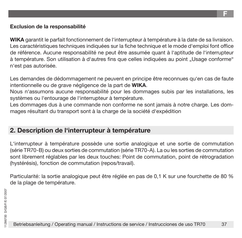 Description de l‘interrupteur à température | WIKA TR70 User Manual | Page 37 / 68