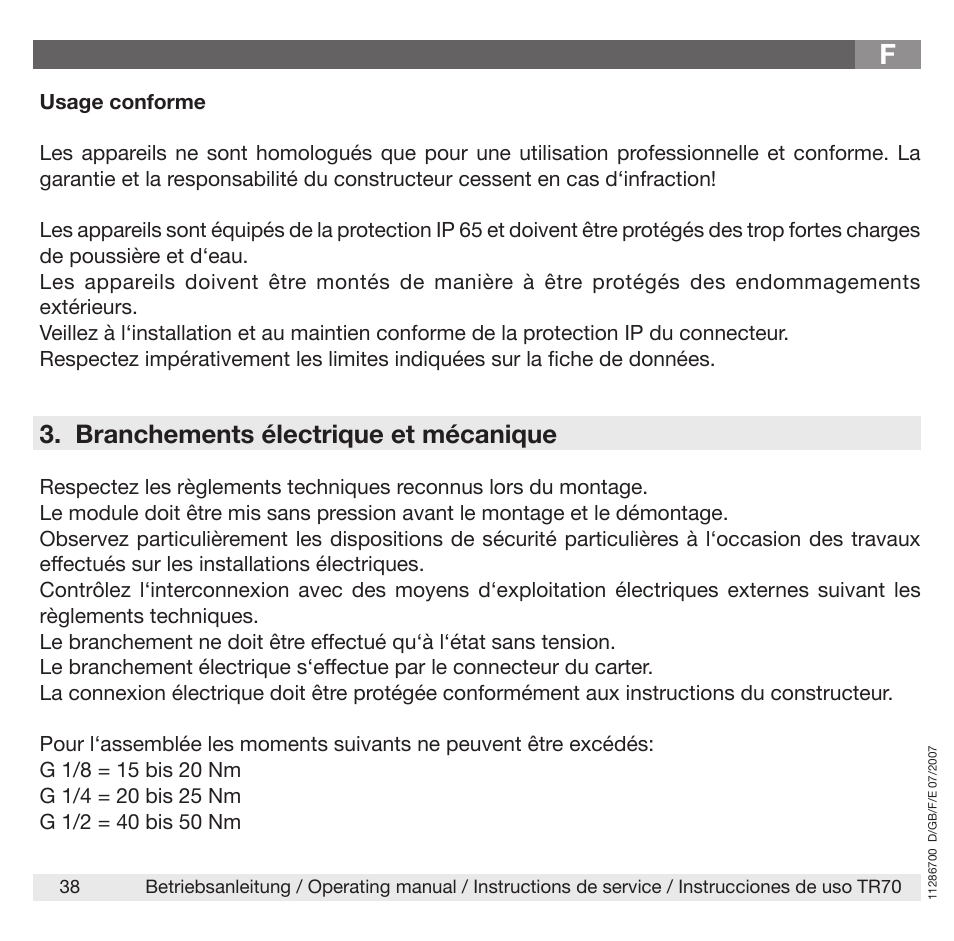 Branchements électrique et mécanique | WIKA TR70 User Manual | Page 38 / 68