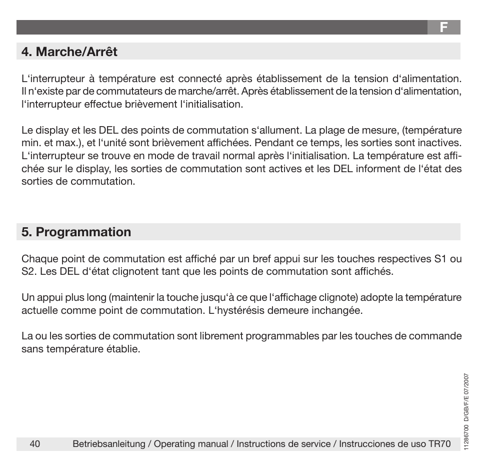 Marche/arrêt, Programmation | WIKA TR70 User Manual | Page 40 / 68
