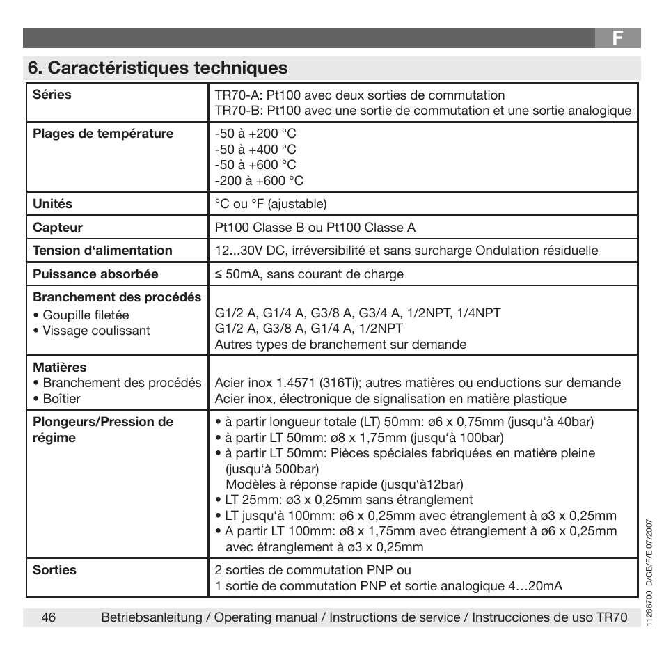 Caractéristiques techniques | WIKA TR70 User Manual | Page 46 / 68