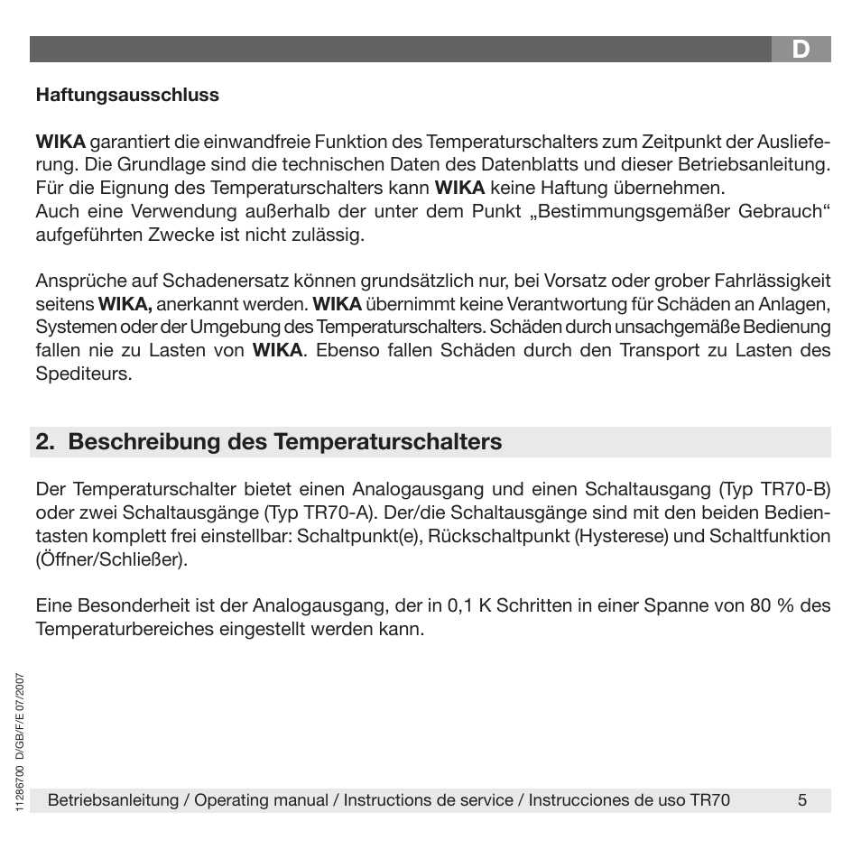 Beschreibung des temperaturschalters | WIKA TR70 User Manual | Page 5 / 68