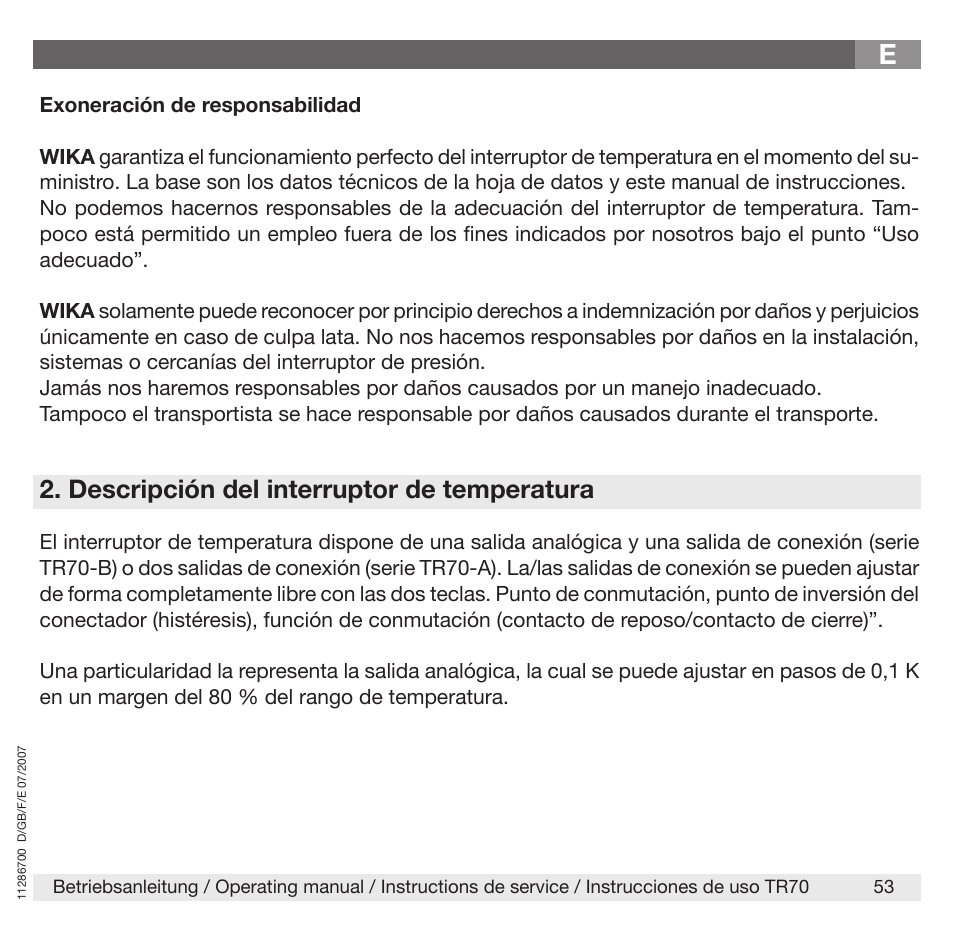 Descripción del interruptor de temperatura | WIKA TR70 User Manual | Page 53 / 68