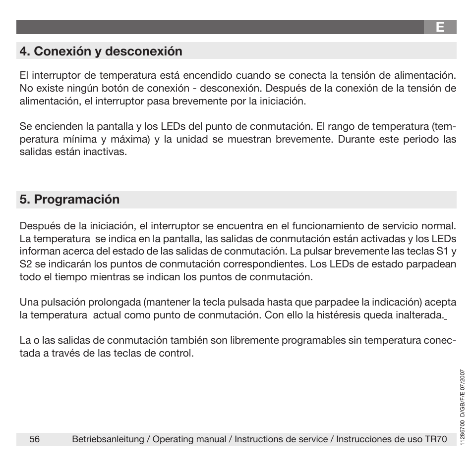 Conexión y desconexión, Programación | WIKA TR70 User Manual | Page 56 / 68