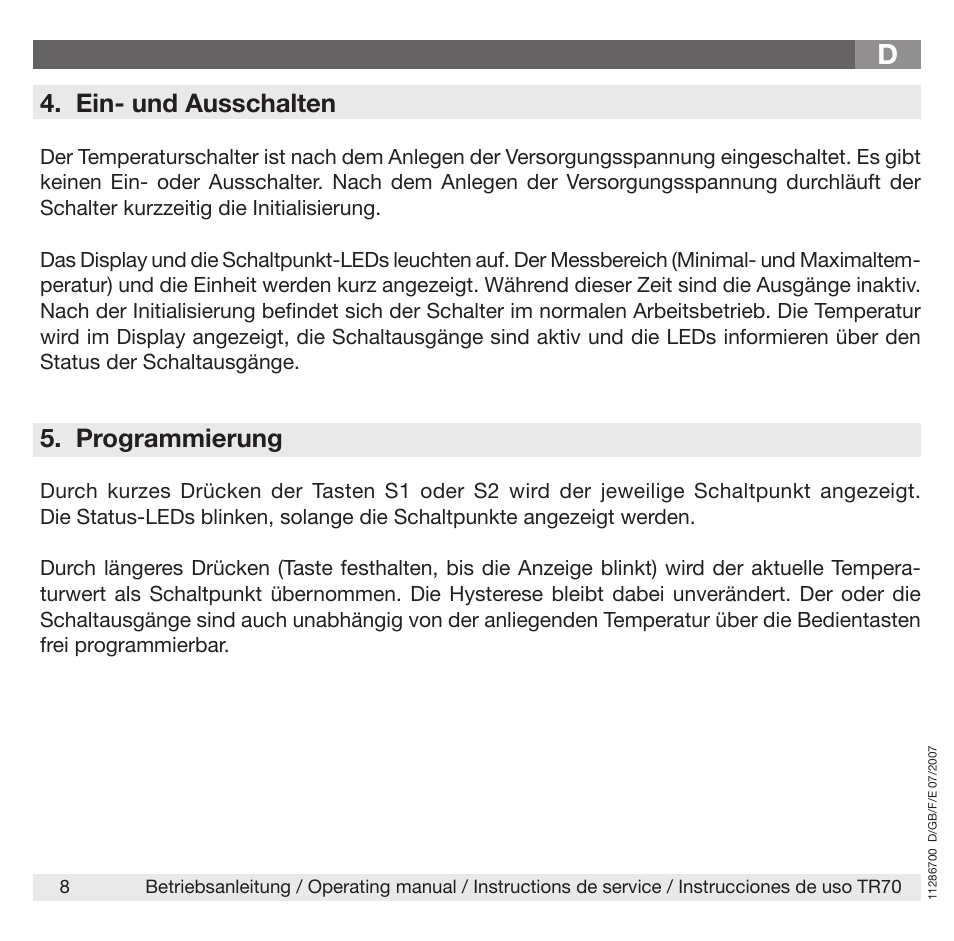 Ein- und ausschalten, Programmierung | WIKA TR70 User Manual | Page 8 / 68